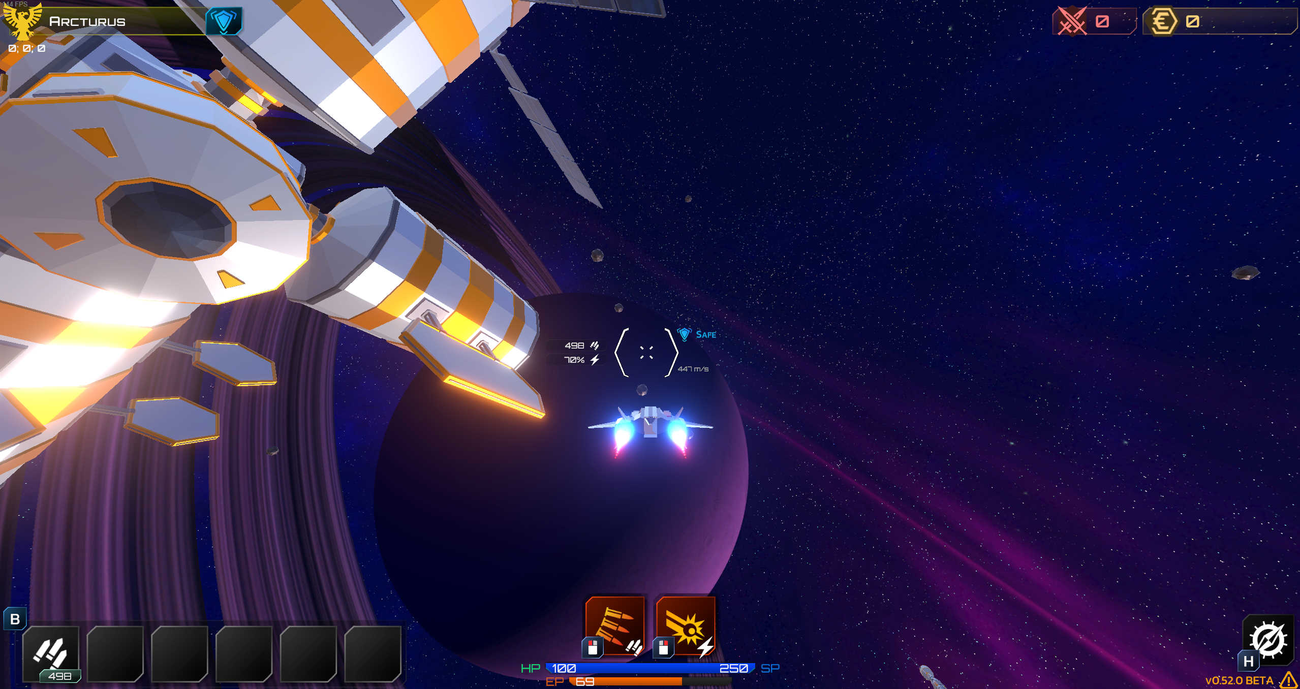 Picture of a space game with a spaceship flying near a space station